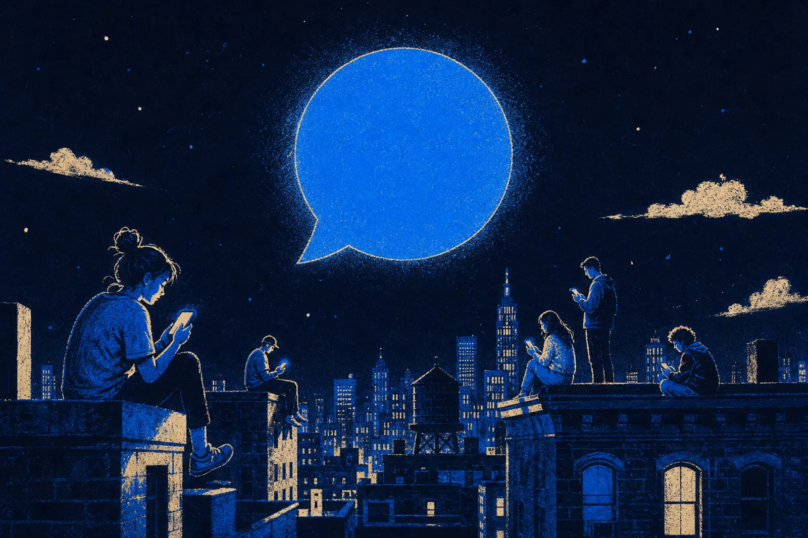 Risograph illustration of people texting on rooftops under a giant blue speech bubble